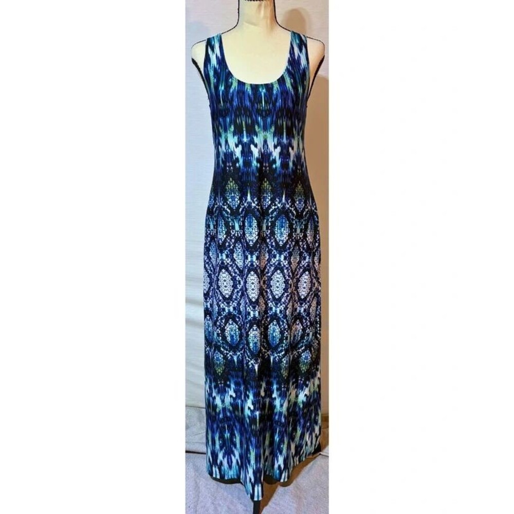 Sunny Leigh Blue Teal Ikat Print Maxi Dress Size 8 Sleeveless Long Summer